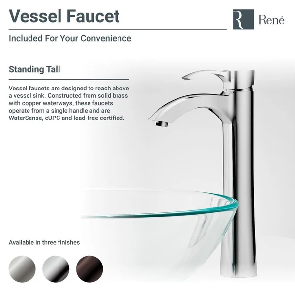 Rene R5-5025-R9-7006 16-5/8x22 Glass Vessel Bathroom Sink with Vessel Faucet Sink Beach Sand, Chrome