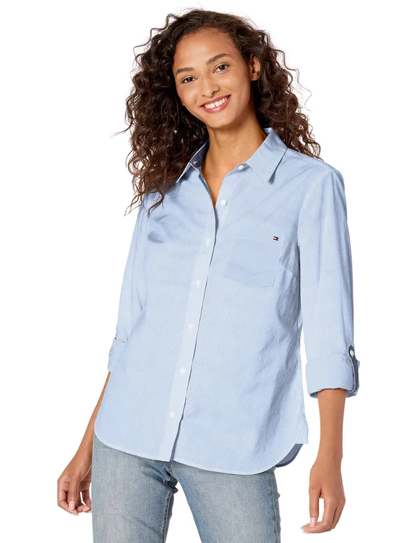 Tommy Hilfiger Women's Cornell Stripe Roll Tab Button Down Shirt - Cornflower Blue - XL
