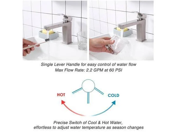 Aquaterior 1 Hole Bathroom Sink Faucet Square Single Handle Cold & Hot Water Tap Nickel