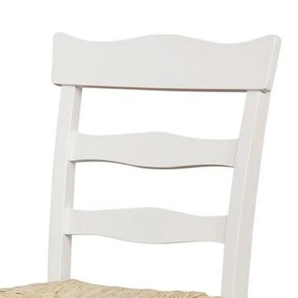 Benjara Wooden Counter Stool with Rush Woven Seat and Cut Out BACK - Beige and White