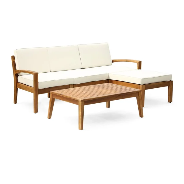 Grenada Outdoor 3-Seater Acacia Wood Frame Sectional Sofa Set with Water-Resistant Cushion by Christopher Knight Home - Teak + B