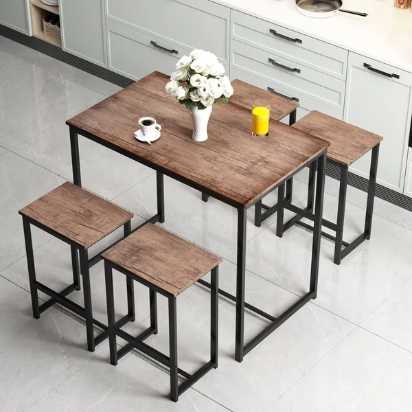 5 Piece Dining Set for 4 Rustic Kitchen Counter Height Pub Table Set with 4 Stools, Brown