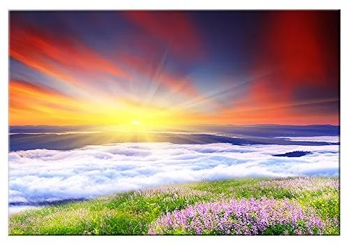 Design Art Sunrise with Blooming Flowers - Landscape Art Canvas Print - Red, 40 in. Wide x 20 in. High