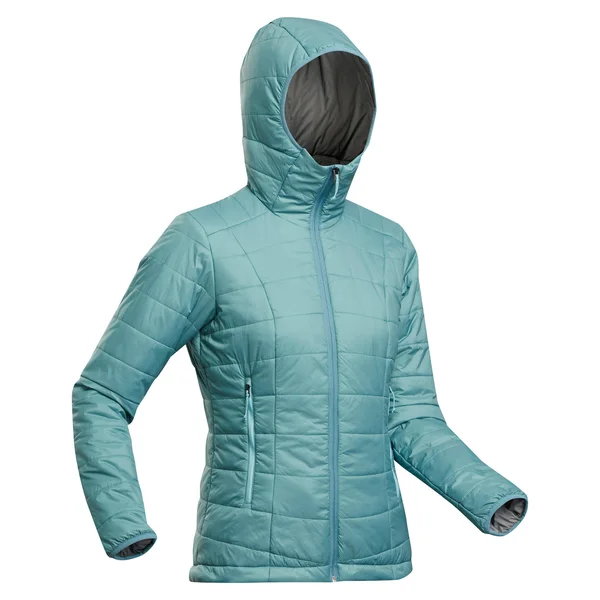 Forclaz Women's Trek 100 - Light Backpacking Padded Down Jacket with Hoodie in Grey Blue, Size Xs