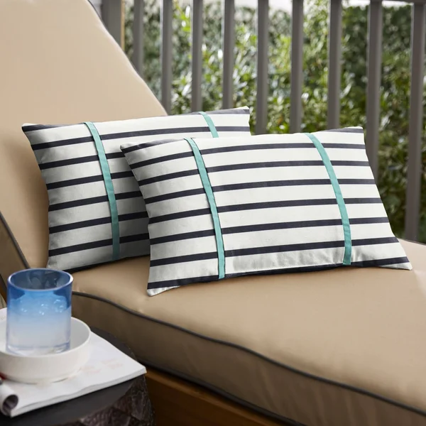 Humble + Haute Sunbrella Blue Stripes with Aruba Blue Indoor/Outdoor Lumbar Pillows Set of 2 - 12 in x 24 in