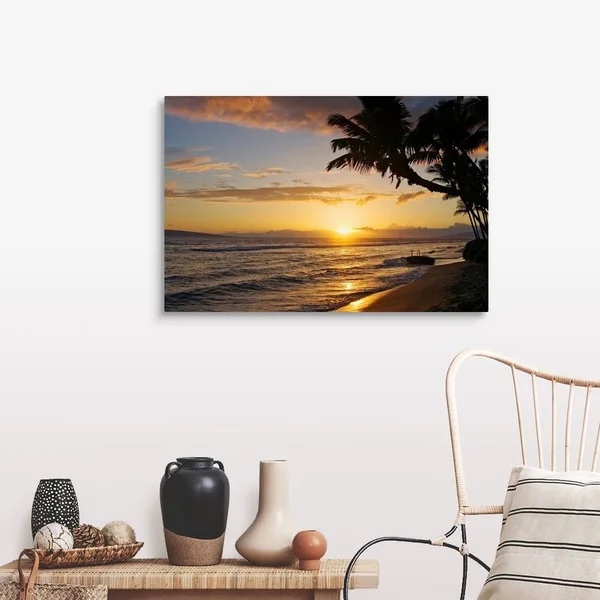 Hawaii, Maui, Kaanapali Resort, Sunset with Beach and Palm Trees, Canvas Wall Art, 36x24, Great Big Canvas