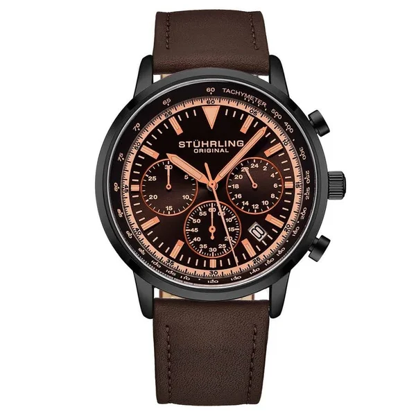 Stuhrling Original Monaco Brown Dial Brown Leather Men's Watch M15891, Quartz Movement, Leather Strap, 44 mm Case in Black, Bro