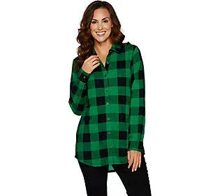 Denim & Co. Heavenly Jersey Buffalo Plaid Tunic Top - Size Medium, Emerald Green