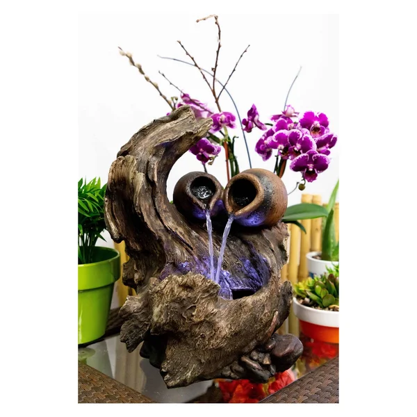 Alpine Two Pots Cascading on Tree Branch Fountain with LED Lights