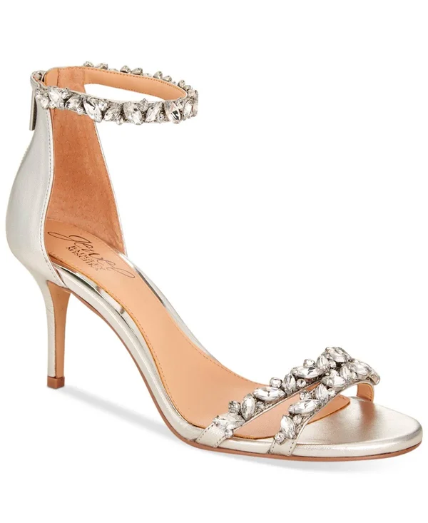 Jewel Badgley Mischka Women's Caroline Rhinestone Leather Sandals - Silver - Size 5.5
