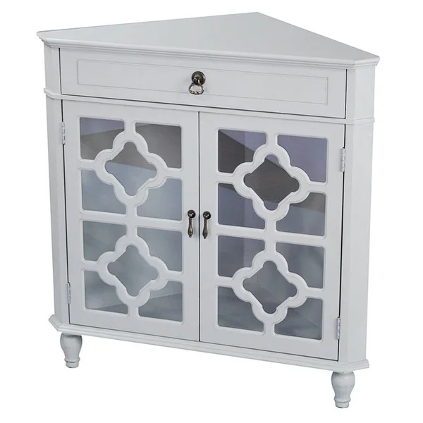 Light Sage Wood Clear Glass Corner Cabinet with A Drawer and 2 Doors