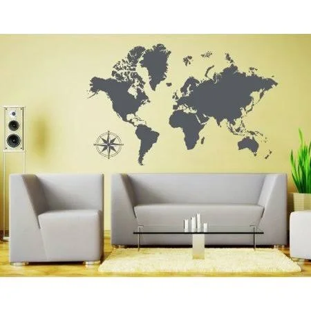 Detailed World Map Wall Decal - Educational Wall Decal - Map Sticker, Vinyl Wall Art, Geography Decor - 3712 - Yellow, 47in x 30i