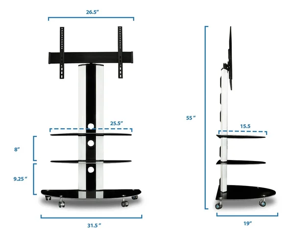 Mount-It! Mobile TV Cart with Curved 3-Tiered Glass Shelving Furniture and TV Mount (MI-873)