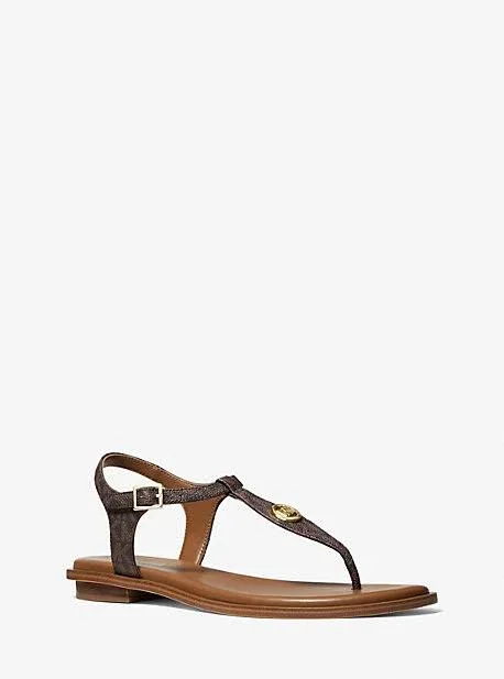 Michael Kors Mallory Logo T-Strap Sandal - Brown - Flat Sandals