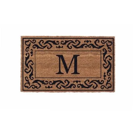 Cocomatsnmore Monogram (S) Vinyl Backed Black Rolling Scrolls Border Doormats 38 inch x 60 inch - Beige