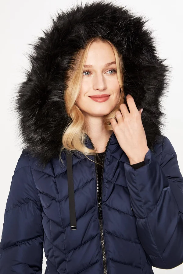 Tahari Gwen Womens Faux Fur Trim Midi Down Coat - Galaxy