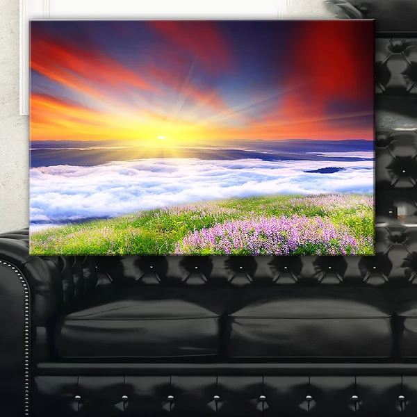 Design Art Sunrise with Blooming Flowers - Landscape Art Canvas Print - Red, 40 in. Wide x 20 in. High