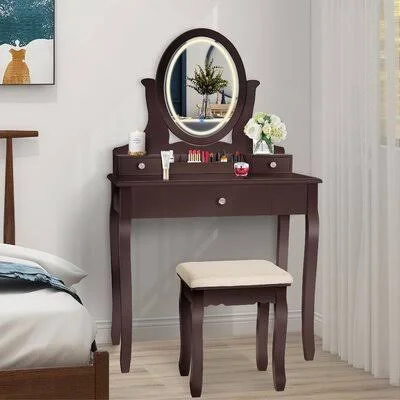 House of Hampton Vanity Table Set with Rotatable Oval Mirror - Vanity Dressing Table with Cushioned Stool, 3 Colors Lighted Mirror