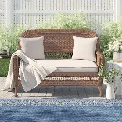 Armbruster Loveseat with Cushions Bay Isle Home Frame Color: Honey - Cushion Color: Tan