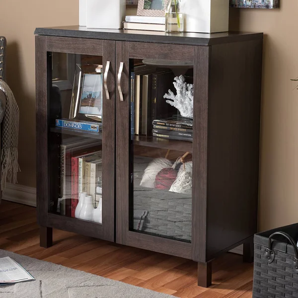 Baxton Studio Sintra Modern Sideboard Storage Cabinet with Glass Doors - Dark Brown