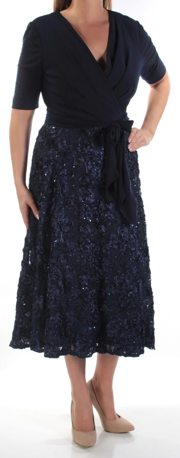 Alex Evenings Women's Rosette Tea-Length Dress, Blue 6