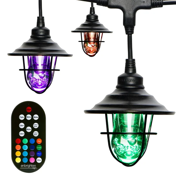 Enbrighten Seasons LED Warm White & Color Changing Café String Lights with Oil-Rubbed Bronze Lens Shade, Black, 48ft, 24 Imp