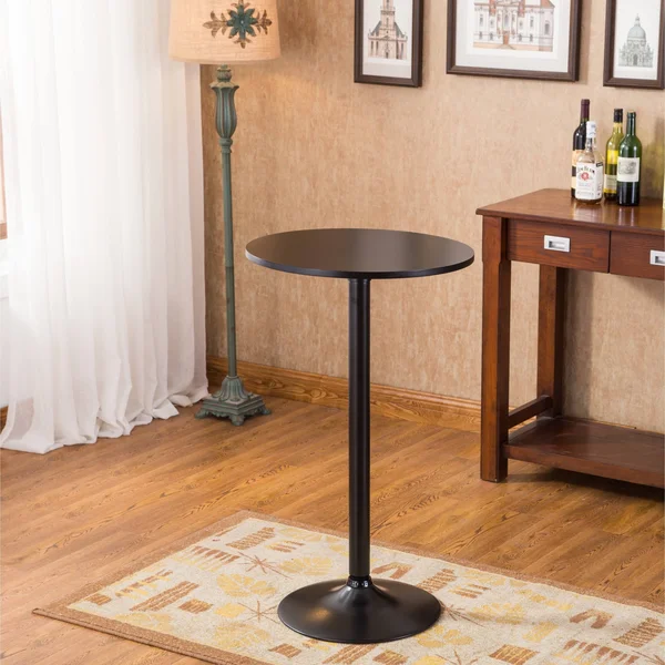 Roundhill Furniture Belham Black Round Top with Black Leg & Base Metal Bar Table & 2 Swivel Black Bonded Leather Adjusta