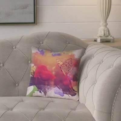 Henagar Contemporary Watercolor Butterfly and Rose Zipper Pillow Cover Ebern Designs Size: 16x22 x 16x22