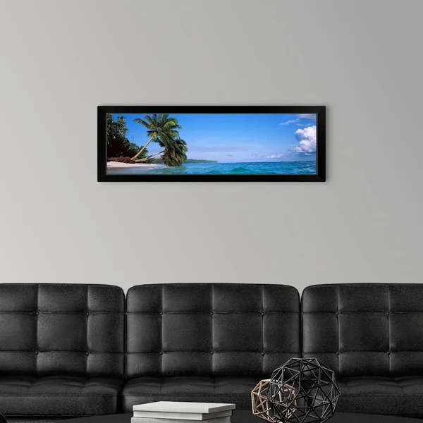 Palm Trees on The Beach, Indonesia, Black Framed Wall Art, 36x12, Great Big Canvas