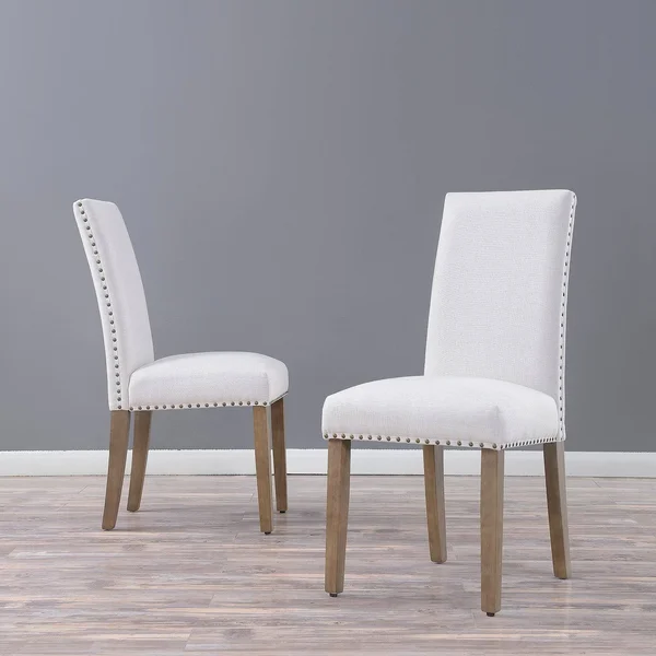 BELLEZE Set of (2) Dining Chairs Linen Armless Nailhead Trim Accent Elegant Side Chair Wooden Leg, Beige