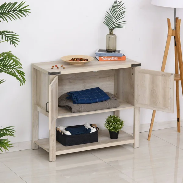 HOMCOM 2-Door Free Standing Storage Cabinet with Bottom Shelf, Kitchen Cupboard, Entryway Storage Cabinet - Oak
