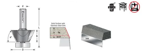 Amana 57171 Carbide Tipped Karran Stainless Steel Edge Sinks 24 Deg Bevel Solid Surface 1-3/4 Dia x 7/8 x 1/2 inch Shank Router