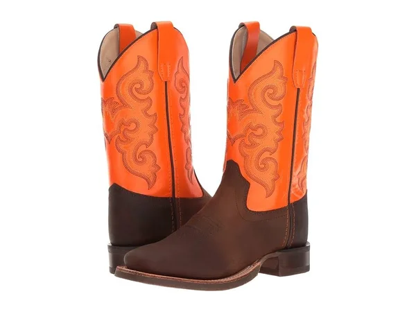 Old West Children's Broad Square Toe Boots - Brown/Neon Orange