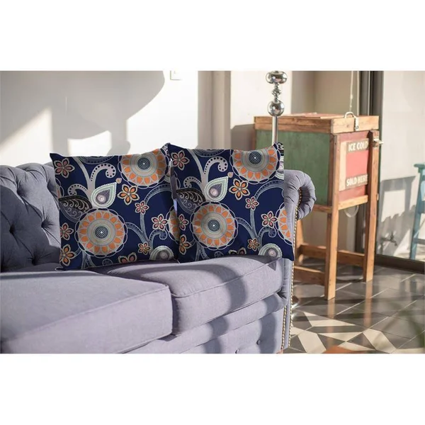 Flower Circles Suede Pillow Orange Light Green Gray on Indigo 20x22