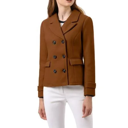 Allegra K Women's Winter Coats Worsted Double Breasted Coat - Size: Small, Brown
