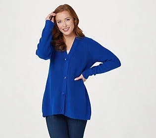 Isaac Mizrahi Live! Shaker Stitch Button Front Peplum Cardigan - Size Medium, Royal Blue