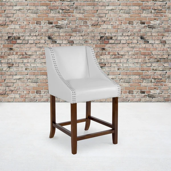 Carmel Series 24x22 High Transitional Walnut Counter Height Stool with Nail Trim in White LeatherSoft - Set of 2