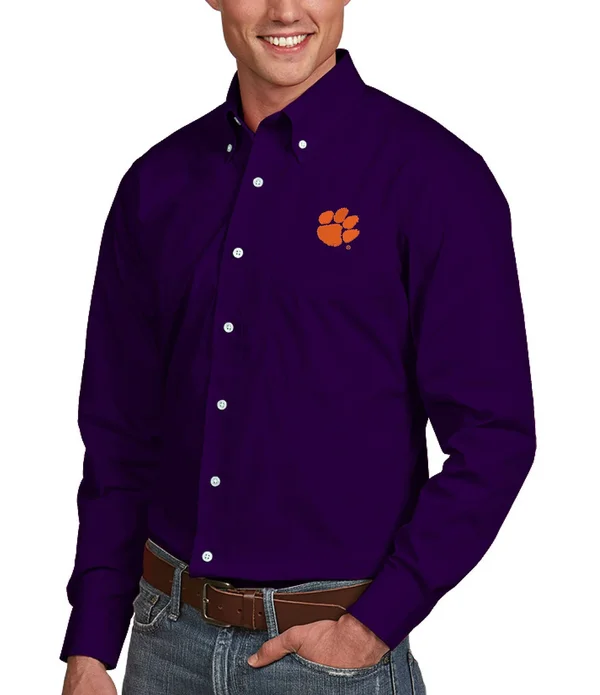 Clemson Tigers Antigua Dynasty Woven Long Sleeve Button-Down Shirt - Purple, Size: XL
