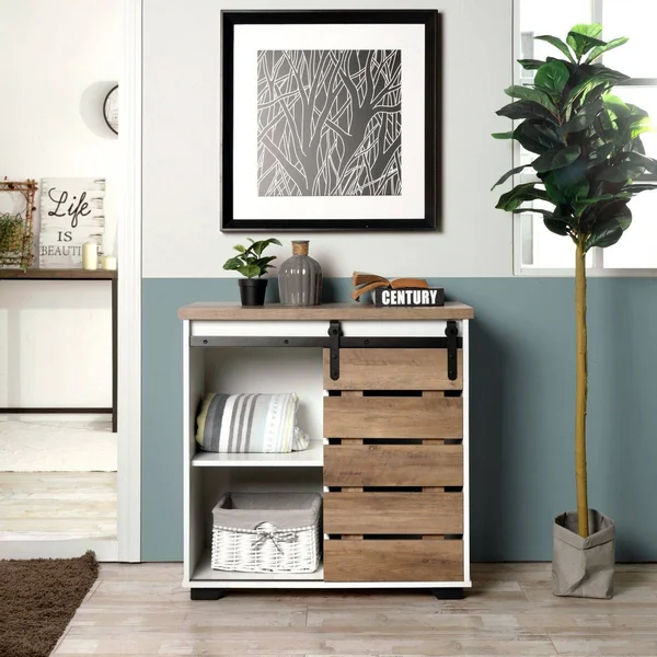 Furniture R Farmhouse Sliding Door Wood Storage Cabinet - White