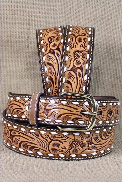 3D Belt Mens Western Buckstitch Floral Leather Brass Natural 3870
