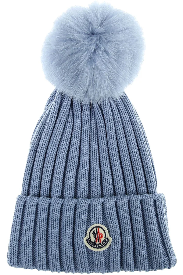 Moncler Blue Fur Pom Pom Beanie