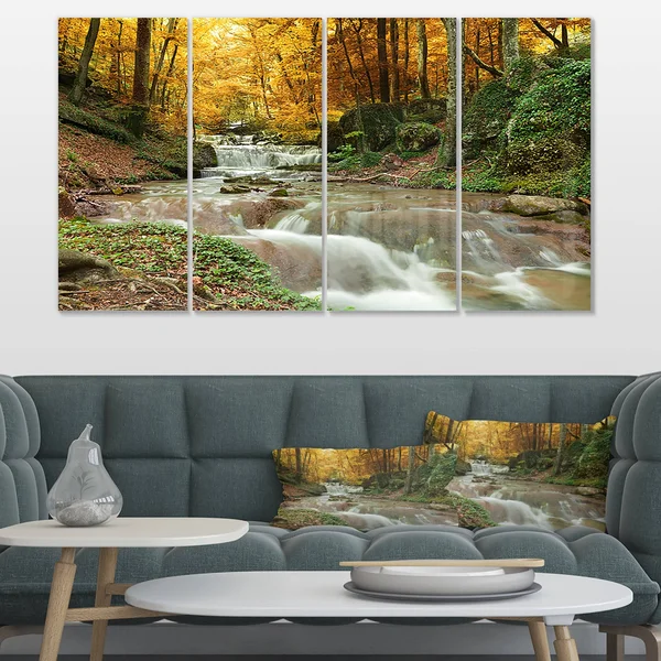 Designart Forest Waterfall with Yellow Trees Landscape Canvas Art Print - 4 Panels - 61471340018