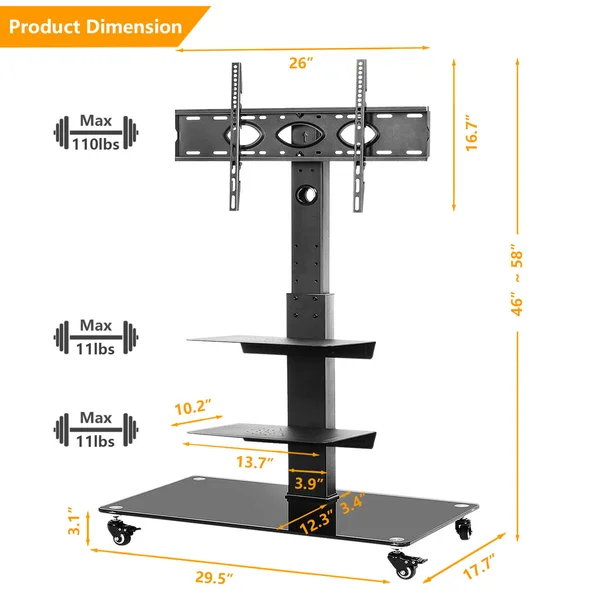 Modern Black Rolling TV Stand for TVs Up to 70 inch Black Metal Shelf