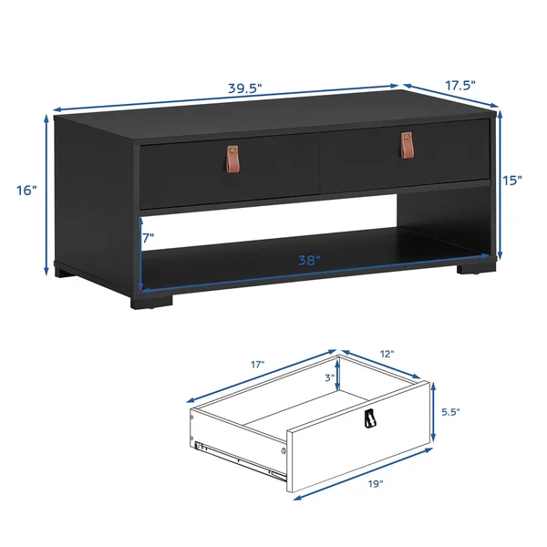 Costway Coffee Table Wood Accent Cocktail Table w/ 2 Drawers & Open Storage Shelf Black
