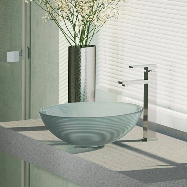 Rene R5-5034-R9-7003-C Foil Undertone Glass Vessel Sink with Chrome Vessel Faucet, Sink Ring, and Vessel Pop-Up Drain