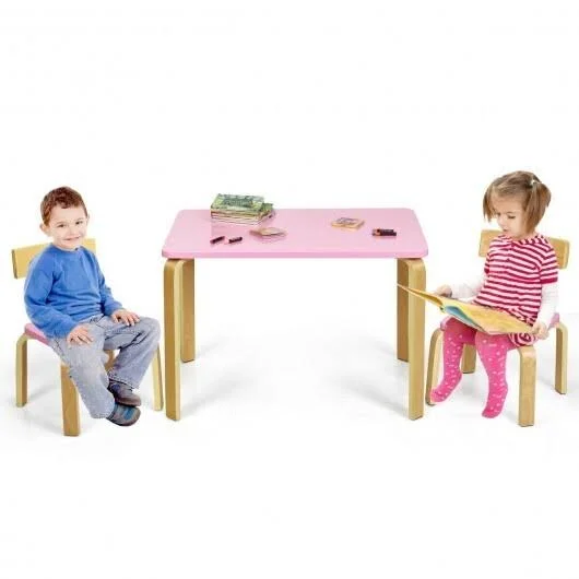 Costway 3 Piece Kids Wooden Activity Table and 2 Chairs Set-Pink