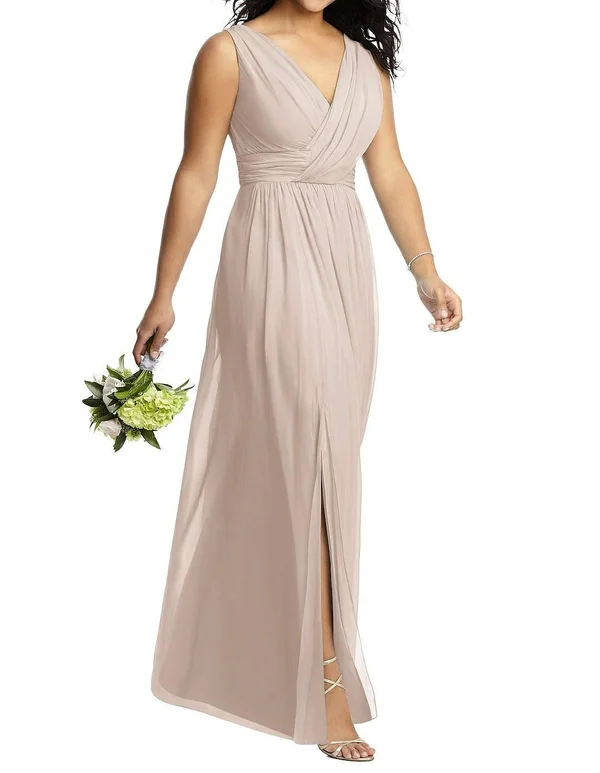 Dessy Collection Sleeveless Draped Chiffon Maxi Dress with Front Slit