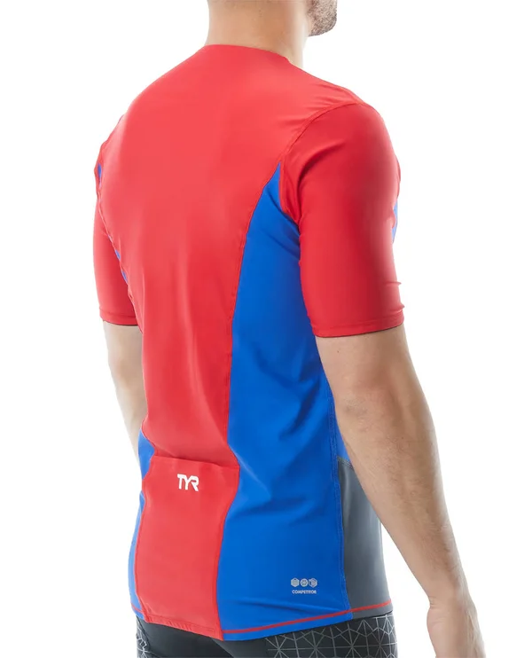TYR Tsscom6a Men's Competitor Short Sleeve Top - Red/Blue/Grey, M