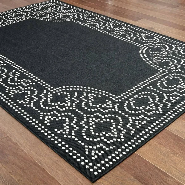 Style Haven Updated Border Black/ Ivory Loop Pile Indoor-Outdoor Area Rug - 7&10 inch Round