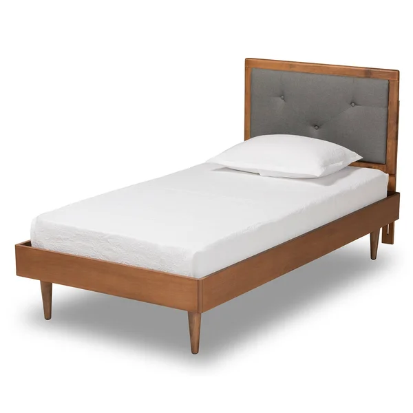 Baxton Studio Saul Mid-Century Modern Fabric Upholstered and Finished Wood Platform Bed Dark Grey & Walnut Brown - Twin